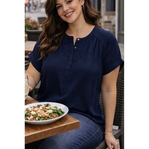 Maurices Womens Plus Size 3 Henley Blouse Navy Blue Short Sleeve Pleated Top